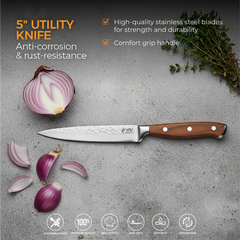 VAV GET PREMIUM 3-Piece Knives Set. Set includes: 8-inch Chef, 5-inch Santoku & Utility Knives. Comfortable Walnut Wood Handle and Professional Hammered Stainless Steel with Long-Lasting Sharpness.