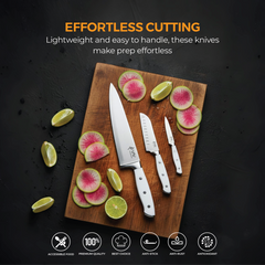 VAV GET Premium 3-Piece Knives Set. Set includes: 8-inch Chef, 5-inch Santoku & Utility Knives. Comfortable White Handle and Professional Stainless Steel with Long-Lasting Sharpness.
