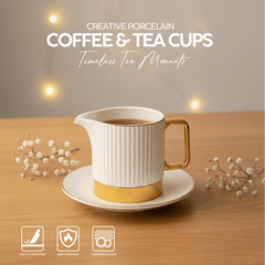 VAV GET Porcelain 16-Pieces Coffee and Tea Cups Set. 6 Cups (90 cc = 90 ml) & 6 Saucers Set + 1 Tray + 1 Coffee Pot (600cc)+ 1 Sugar Pot (200cc) + 1 Creamer (200cc) for 6 people.