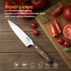 VAV GET Premium 8-inch Chef's Knife. Comfortable Walnut Wood Handle and Professional Stainless Steel with Long-Lasting Sharpness.