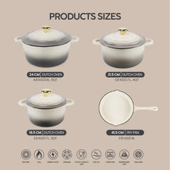 VAV GET Healthy and Safe Non-Stick Enameled Cast Iron 7-Piece Dutch Oven Cookware Set with Gloves and 2-Piece Mills. Includes: 24cm Dutch Oven Fry Pan, 18cm, 21cm, and 24cm Dutch Ovens with Lids, Gloves, and 2-Piece Mills.