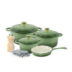 VAV GET Healthy and Safe Non-Stick Enameled Cast Iron 7-Piece Dutch Oven Cookware Set with Gloves and 2-Piece Mills. Includes: 24cm Dutch Oven Fry Pan, 18cm, 21cm, and 24cm Dutch Ovens with Lids, Gloves, and 2-Piece Mills.