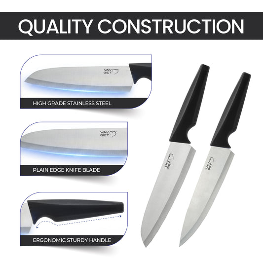 VAV GET Premium 18-Piece Black Stainless Steel Knife Set, Non-Slip Comfort Handles, Sharpened Chef Knives, Fruits & Vegetable Peeler Included, Ideal for Home & Professional Kitchen