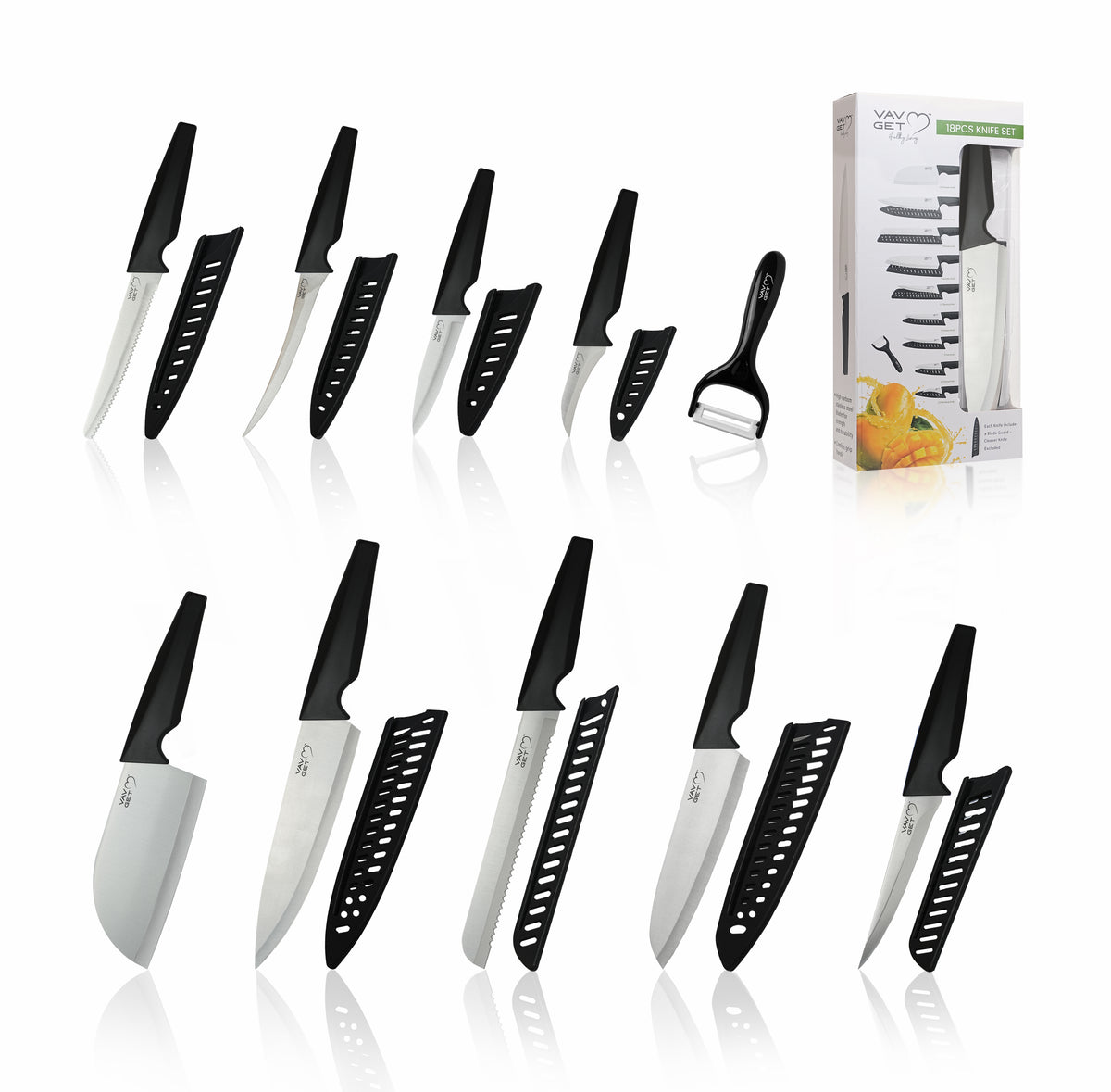 VAV GET Premium 18-Piece Black Stainless Steel Knife Set, Non-Slip Comfort Handles, Sharpened Chef Knives, Fruits & Vegetable Peeler Included, Ideal for Home & Professional Kitchen