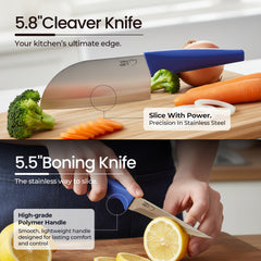 VAV GET Premium 18-Piece Blue Stainless Steel Knife Set, Non-Slip Comfort Handles, Sharpened Chef Knives, Fruits & Vegetable Peeler Included, Ideal for Home & Professional Kitchen