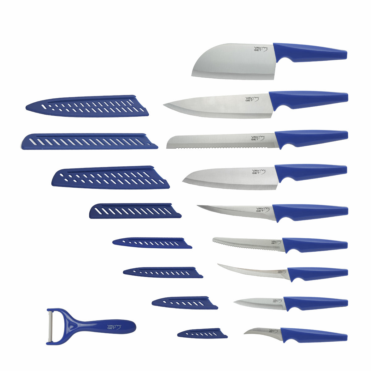 VAV GET Premium 18-Piece Blue Stainless Steel Knife Set, Non-Slip Comfort Handles, Sharpened Chef Knives, Fruits & Vegetable Peeler Included, Ideal for Home & Professional Kitchen