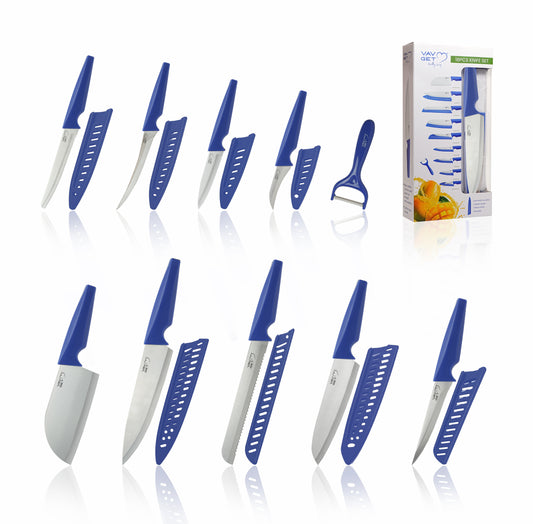 VAV GET Premium 18-Piece Blue Stainless Steel Knife Set, Non-Slip Comfort Handles, Sharpened Chef Knives, Fruits & Vegetable Peeler Included, Ideal for Home & Professional Kitchen