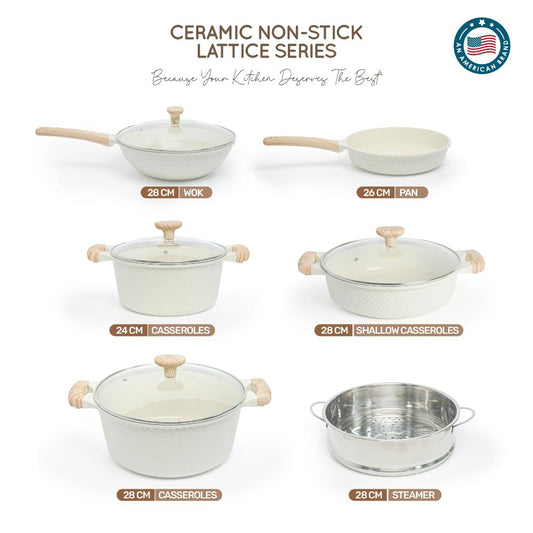 VAV GET Healthy & Safe Ceramic Nonstick 10-Pcs Cookware Set, Non-Toxic, Induction Ready, PFAS-PFOA Free Set with Soft-Touch Handles. Lattice Series Includes: 28cm and 24cm Casseroles with 28cm Steamer, 28cm Wok and 28cm Shallow Pans, 26cm Fry Pan.