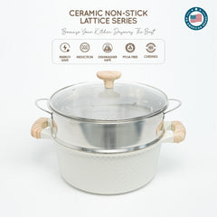 VAV GET Healthy & Safe Ceramic Nonstick 10-Pcs Cookware Set, Non-Toxic, Induction Ready, PFAS-PFOA Free Set with Soft-Touch Handles. Lattice Series Includes: 28cm and 24cm Casseroles with 28cm Steamer, 28cm Wok and 28cm Shallow Pans, 26cm Fry Pan.