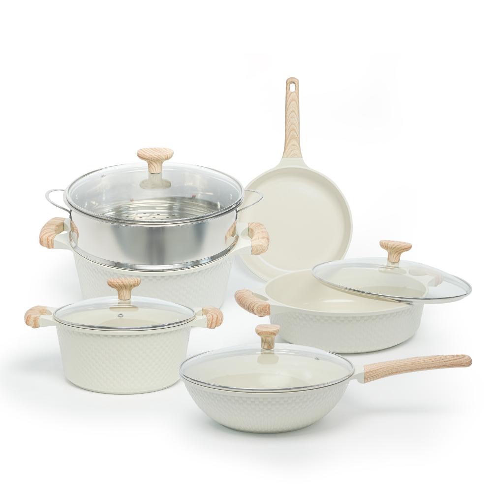VAV GET Healthy & Safe Ceramic Nonstick 10-Pcs Cookware Set, Non-Toxic, Induction Ready, PFAS-PFOA Free Set with Soft-Touch Handles. Lattice Series Includes: 28cm and 24cm Casseroles with 28cm Steamer, 28cm Wok and 28cm Shallow Pans, 26cm Fry Pan.