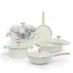 VAV GET Healthy & Safe Ceramic Nonstick 10-Pcs Cookware Set, Non-Toxic, Induction Ready, PFAS-PFOA Free Set with Soft-Touch Handles. Lattice Series Includes: 28cm and 24cm Casseroles with 28cm Steamer, 28cm Wok and 28cm Shallow Pans, 26cm Fry Pan.