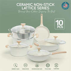 VAV GET Healthy & Safe Ceramic Nonstick 10-Pcs Cookware Set, Non-Toxic, Induction Ready, PFAS-PFOA Free Set with Soft-Touch Handles. Lattice Series Includes: 28cm and 24cm Casseroles with 28cm Steamer, 28cm Wok and 28cm Shallow Pans, 26cm Fry Pan.