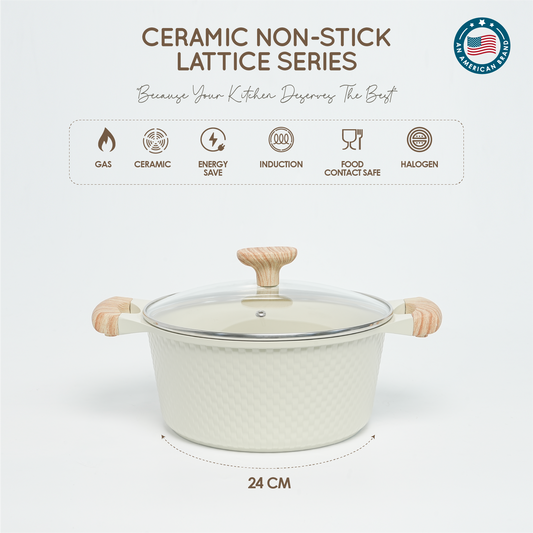 VAV GET 24 CM Casserole with Lid – Ceramic Non-Stick Lattice Series, Cream White