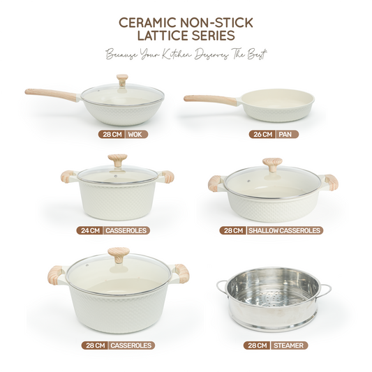 VAV GET Healthy & Safe Ceramic Nonstick 10-Pcs Cookware Set, Non-Toxic, Induction Ready, PFAS-PFOA Free Set with Soft-Touch Handles. Lattice Series Includes: 28cm and 24cm Casseroles with 28cm Steamer, 28cm Wok and 28cm Shallow Pans, 26cm Fry Pan.
