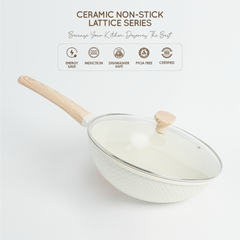 VAV GET Healthy & Safe Ceramic Nonstick 10-Pcs Cookware Set, Non-Toxic, Induction Ready, PFAS-PFOA Free Set with Soft-Touch Handles. Lattice Series Includes: 28cm and 24cm Casseroles with 28cm Steamer, 28cm Wok and 28cm Shallow Pans, 26cm Fry Pan.