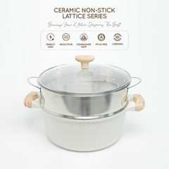 VAV GET Healthy & Safe Ceramic Nonstick 10-Pcs Cookware Set, Non-Toxic, Induction Ready, PFAS-PFOA Free Set with Soft-Touch Handles. Lattice Series Includes: 28cm and 24cm Casseroles with 28cm Steamer, 28cm Wok and 28cm Shallow Pans, 26cm Fry Pan.