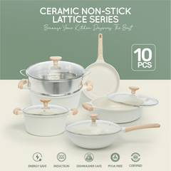 VAV GET Healthy & Safe Ceramic Nonstick 10-Pcs Cookware Set, Non-Toxic, Induction Ready, PFAS-PFOA Free Set with Soft-Touch Handles. Lattice Series Includes: 28cm and 24cm Casseroles with 28cm Steamer, 28cm Wok and 28cm Shallow Pans, 26cm Fry Pan.