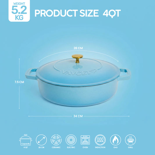 VAV GET Enameled Cast Iron Dutch Oven Braiser. 28cm, 3.79L, Ocean Blue, Induction & All Hob Compatible, Oven & Grill Safe