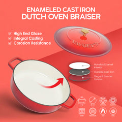 VAV GET Enameled Cast Iron Dutch Oven Braiser. 28cm, 3.79L, Cherry Red, Induction & All Hob Compatible, Oven & Grill Safe
