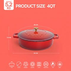 VAV GET Enameled Cast Iron Dutch Oven Braiser. 28cm, 3.79L, Cherry Red, Induction & All Hob Compatible, Oven & Grill Safe