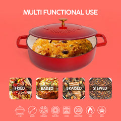 VAV GET Enameled Cast Iron Dutch Oven Braiser. 28cm, 3.79L, Cherry Red, Induction & All Hob Compatible, Oven & Grill Safe