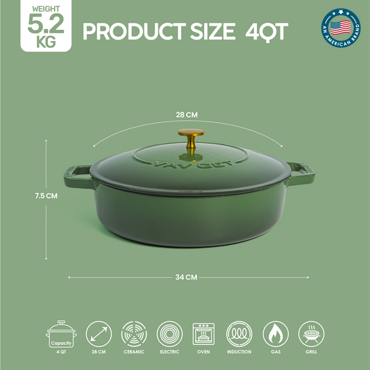 VAV GET Enameled Cast Iron Dutch Oven Braiser. 28cm, 3.79L, Olive Green, Induction & All Hob Compatible, Oven & Grill Safe