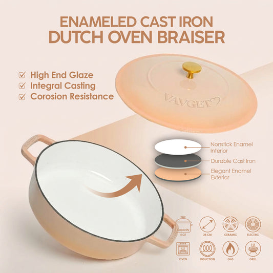 VAV GET Enameled Cast Iron Dutch Oven Braiser. 28cm, 3.79L, Peach, Induction & All Hob Compatible, Oven & Grill Safe