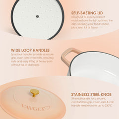 VAV GET Enameled Cast Iron Dutch Oven Braiser. 28cm, 3.79L, Peach, Induction & All Hob Compatible, Oven & Grill Safe