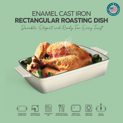 VAV GET Healthy & Safe Enamel Cast Iron Rectangular Roasting Dish, (12-Inch, Cream) Oven & Induction Compatible, Easy-Clean Non-Stick Interior