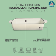 VAV GET Healthy & Safe Enamel Cast Iron Rectangular Roasting Dish, (12-Inch, Cream) Oven & Induction Compatible, Easy-Clean Non-Stick Interior