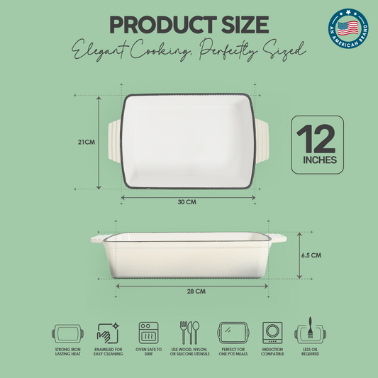 VAV GET Healthy & Safe Enamel Cast Iron Rectangular Roasting Dish, (12-Inch, Cream) Oven & Induction Compatible, Easy-Clean Non-Stick Interior