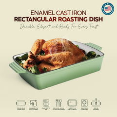 VAV GET Healthy & Safe Enamel Cast Iron Rectangular Roasting Dish, (12-Inch, Green) Oven & Induction Compatible, Easy-Clean Non-Stick Interior