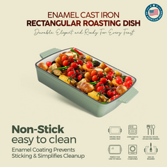 VAV GET Healthy & Safe Enamel Cast Iron Rectangular Roasting Dish, (12-Inch, Green) Oven & Induction Compatible, Easy-Clean Non-Stick Interior