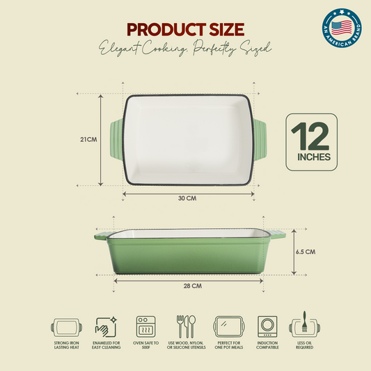 VAV GET Healthy & Safe Enamel Cast Iron Rectangular Roasting Dish, (12-Inch, Green) Oven & Induction Compatible, Easy-Clean Non-Stick Interior