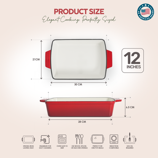 VAV GET Healthy & Safe Enamel Cast Iron Rectangular Roasting Dish, (12-Inch, Red) Oven & Induction Compatible, Easy-Clean Non-Stick Interior