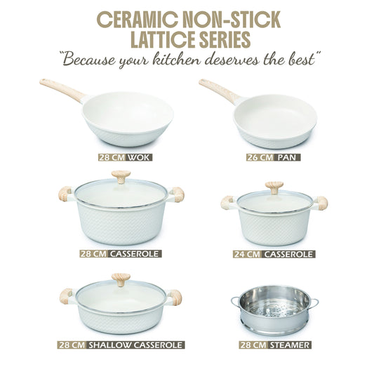 VAV GET Healthy & Safe Ceramic Nonstick 10-Pcs Cookware Set, Non-Toxic, Induction Ready, PFAS-PFOA Free Set with Soft-Touch Handles. Lattice Series Includes: 28cm and 24cm Casseroles with 28cm Steamer, 28cm Wok and 28cm Shallow Pans, 26cm Fry Pan.
