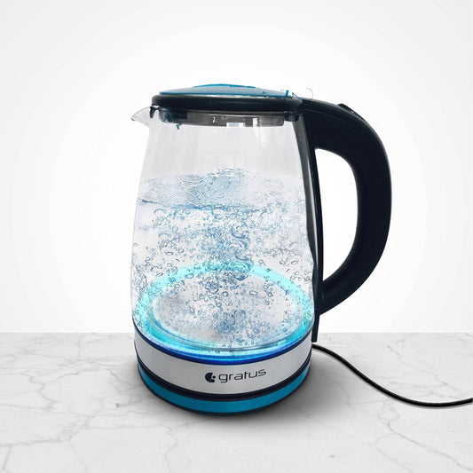 Gratus Electric Glass Kettle 1.8 Liter, Full Thermo-Resist Borosilicate Glass body, 1500-1800W, Cordless Base, Aesthetic LED light design, Auto Cutoff, 2 Year Warranty.