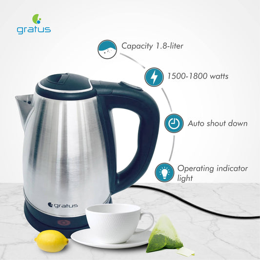 Gratus Stainless Steel Electric Kettle 1.8Liter 1500-1800Watt, Durable S/S body and Inner lid, Auto Shut Off, No Dry Run, Cordless Base, 2 Year Warranty (Silver Steel)