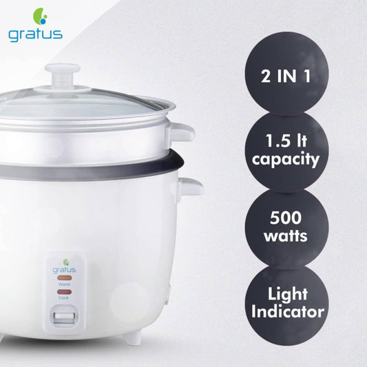 Gratus 2 In 1 Electric Rice Cooker, Cook and keep warm, 1.5 L capacity.
