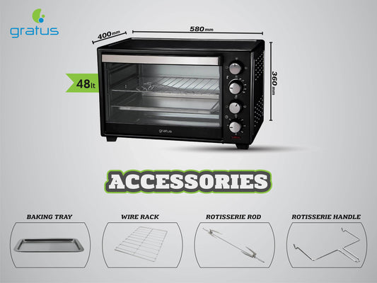 Gratus 48L, 2000W Electric Oven Toaster Grill with Rotisserie function, Timer, Temperature control, 1 Year Full Warranty - GOTG48TT