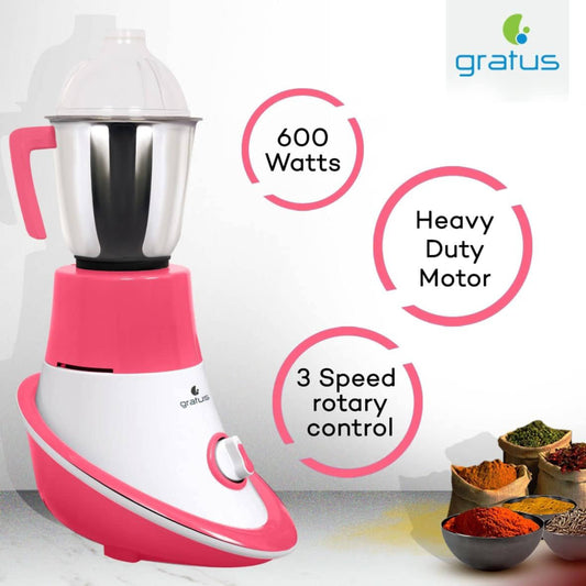 Gratus 600watts Mixer Grinder with 3 Strong Steel Jars, Powerful Copper Motor, Overload Protection, 2 years warranty. 