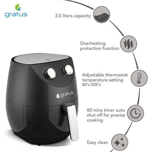 Gratus Air Fryer, The healthy Airfryer which leads you to Oil free,Low fat cooking. 3.5L Capacity, Overheating Protection Function Inbuilt, 1800 W, 2 Year Warranty.