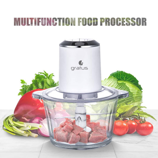 Gratus Hand Chopper Quadra Blade- 2 L Capacity, 2 Speed Control, Glass Bowl, Stainless Steel Blades X 4, Easy to Clean.