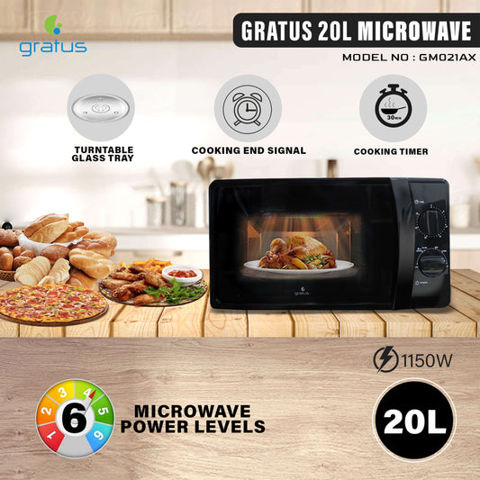 Gratus Solo Microwave Oven with Full Glass Door, 20L, Black, 1150W Dual Dial, 1-Year Warranty