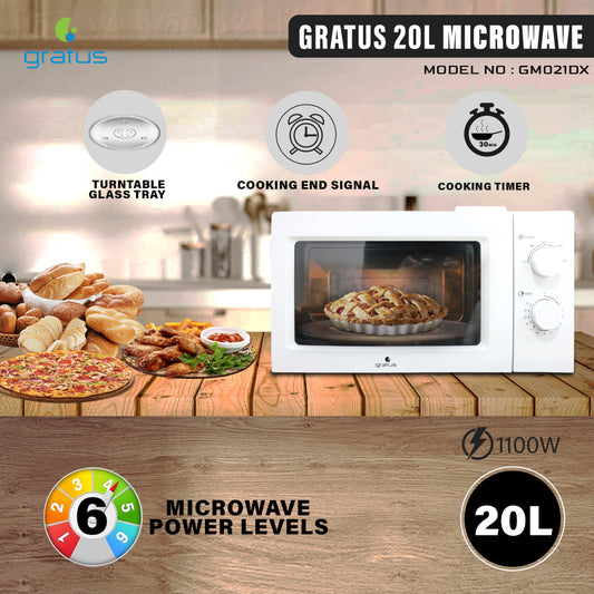 Gratus Solo Microwave Oven with Full Glass Door, 20L, White, Dual Dial, 1100W, 1-Year Warranty