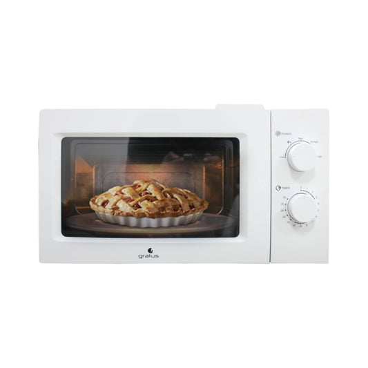 Gratus Solo Microwave Oven with Full Glass Door, 20L, White, Dual Dial, 1100W, 1-Year Warranty.