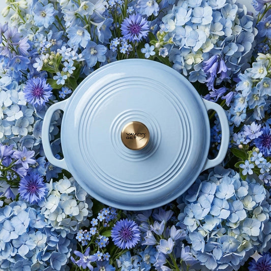 VAV GET 6QT Enameled Cast Iron Round Dutch Oven, Family Style Heavy-Duty Pre-Seasoned Cookware, Healthy & Safe Non-Stick, Oven & Stovetop Safe – Light Cornflower Blue