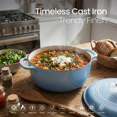 VAV GET 6QT Enameled Cast Iron Round Dutch Oven, Family Style Heavy-Duty Pre-Seasoned Cookware, Healthy & Safe Non-Stick, Oven & Stovetop Safe – Light Cornflower Blue