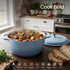 VAV GET 6QT Enameled Cast Iron Round Dutch Oven, Family Style Heavy-Duty Pre-Seasoned Cookware, Healthy & Safe Non-Stick, Oven & Stovetop Safe – Light Cornflower Blue