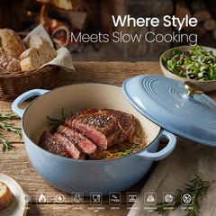 VAV GET 6QT Enameled Cast Iron Round Dutch Oven, Family Style Heavy-Duty Pre-Seasoned Cookware, Healthy & Safe Non-Stick, Oven & Stovetop Safe – Light Cornflower Blue